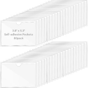 80pcs جيوب لاصقة صافية الجيوب ذات الملصقات ذاتية الالتصاق بالبلاستيك مع حاملي بطاقات الفهرس العلوية 3.8 "× 5.3" لتحميل صناديق تخزين تنظيم بطاقات مكتبة ملاحظة