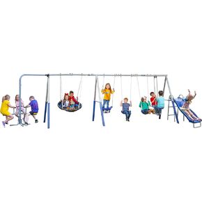 Fun Forever Plus - 8 User Metal Swing Set with 6' Water Slide and The Triple Fun-Go Round Add-On by XDP Recreation