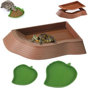 3 Pcs Tortoise Water Dish with Ramp Leaf Tortoise Water Food Bowls Reptile Water Dish Amphibians Habitat Accessories for Lizard Turtle Horned Frog Brown
