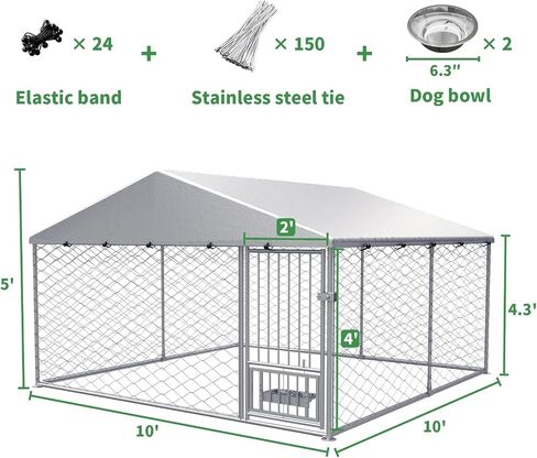 Rovibek Dog Kennel Outside, Outdoor Dog Kennel with Roof, 10'×10' Puppy Enclosure Outside, Out-Side with 2 Stainless Steel Bowls and Waterproof Sun-Proof Cover in Kuwait