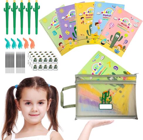 Magic Resulable Copybook للأطفال ، ممارسة كتاب بخط اليد ، مجموعة الكتابة القابلة لإعادة الاستخدام مع حقيبة تخزين لأطفال ما قبل المدرسة الذين تتراوح أعمارهم بين 3-8 خط من الخط (5pcs 7.3 * 10.3inch) in Kuwait