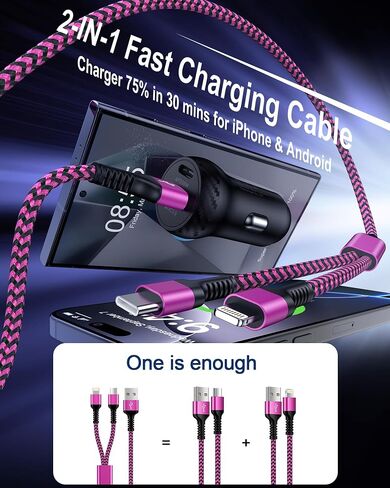 USB to USB-C & Lightning Cable, 2-in-1 Multi Charging Cord 4FT Braided Phone Charger Cable for iPhone, iPad Pro/Air, Samsung Galaxy -Not Compatible with Apple CarPlay, Android Auto, or Data Transfer in Saudi Arabia