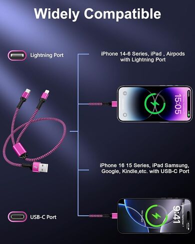 USB to USB-C & Lightning Cable, 2-in-1 Multi Charging Cord 4FT Braided Phone Charger Cable for iPhone, iPad Pro/Air, Samsung Galaxy -Not Compatible with Apple CarPlay, Android Auto, or Data Transfer in Saudi Arabia