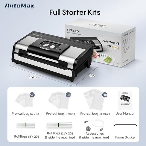 FRESKO Fully Automatic Vacuum Sealer, 140 Watts, Hands-Free Food Sealer with Dry/Moist Food Detection, 2 Rolls Bag, Built-in Cutter and Bag Storage in Kuwait
