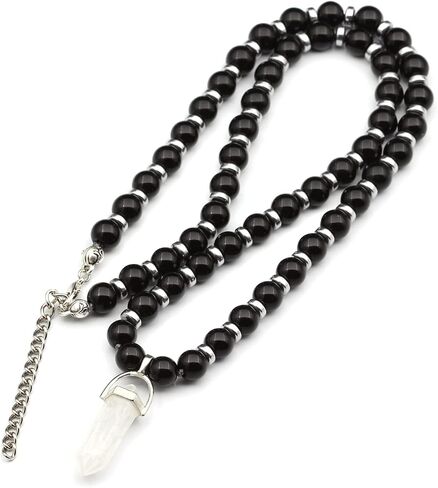 Elisajewelryart - قلادة الكوارتز المطبوعة قلادة أسود أسود أونيكس الملبس بالخرز القلادة الحجرية الحجرية الأصلية قلادة الإغلاق القلادة للجنسين (22.00 ، الكوارتز) in Kuwait