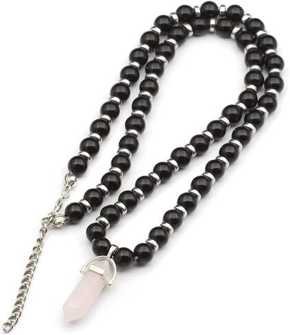 Elisajewelryart - قلادة الكوارتز المطبوعة قلادة أسود أسود أونيكس الملبس بالخرز القلادة الحجرية الحجرية الأصلية قلادة الإغلاق القلادة للجنسين (22.00 ، الكوارتز) in Kuwait