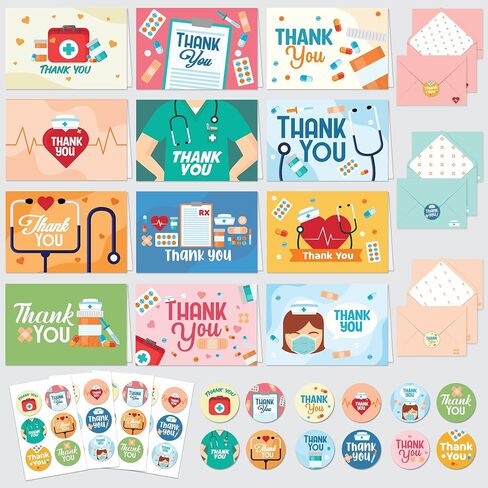 Decorably 24 Pack 6x4in Nurse Thank You Card with Envelopes and Stickers, 12 Charming Designs Nurse Card, Blank Inside in Kuwait