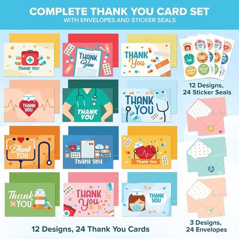 Decorably 24 Pack 6x4in Nurse Thank You Card with Envelopes and Stickers, 12 Charming Designs Nurse Card, Blank Inside in Kuwait