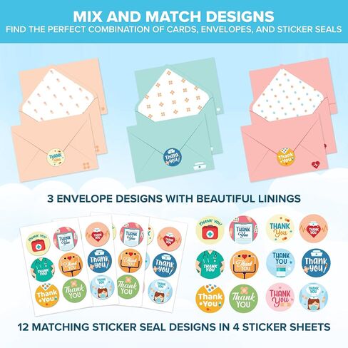 Decorably 24 Pack 6x4in Nurse Thank You Card with Envelopes and Stickers, 12 Charming Designs Nurse Card, Blank Inside in Kuwait