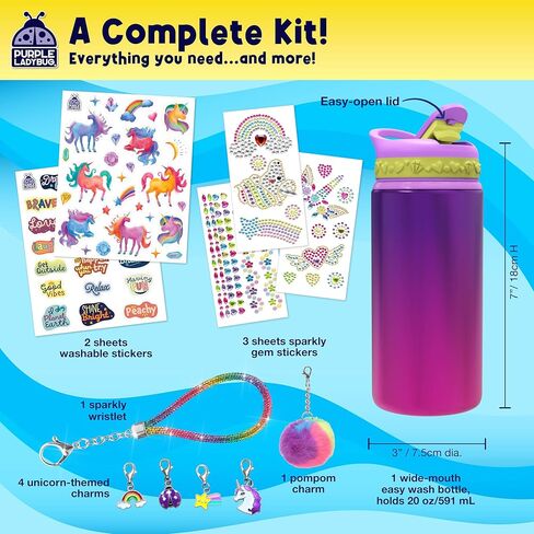 PURPLE LADYBUG Decorate Your Own Water Bottle Kit for Girls - Easter Basket Stuffers for Kids, for Ages 5-8-10 Years Old Girls Birthday Gift, Unicorn Arts and Crafts, Water Bottles for Kids School in Kuwait