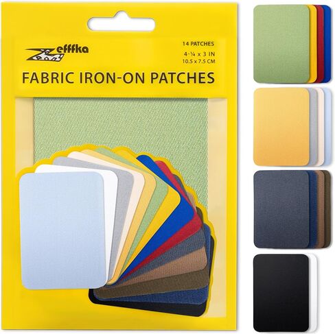 ZEFFFKA Premium Quality Fabric Iron-on Patches Inside & Outside Strongest Glue 100% Cotton Blue Gray Beige Brown Yellow Red Green Repair Decorating Kit 14 Pieces Size 3" by 4-1/4" (7.5 cm x 10.5 cm) in Kuwait