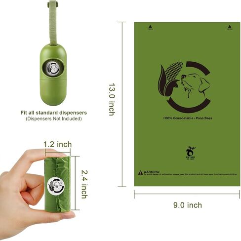 Certified Compostable Dog Poop Bags, 270 Count Landfill Friendly and Leakproof Waste Bags, Easy Open Unscented Forest Green Poop Bag for Dog, 15 Doggy Bags Per Roll (18 rolls) in Kuwait