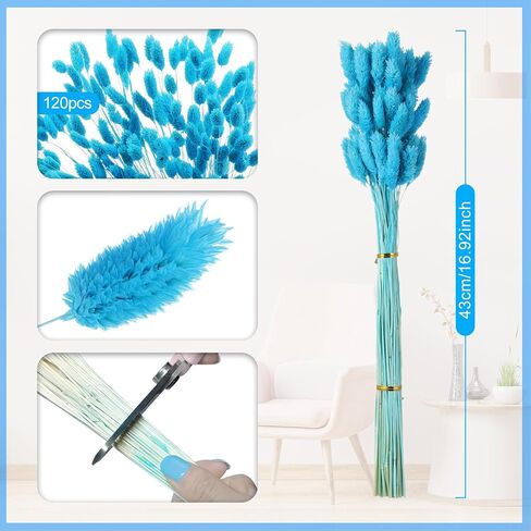 120 PCS Blue Dried Pampas Grass Decor, 17 inch Natural Bunny Tails Dried Flowers Bulk for Crafts, Artificial Gem Grass Bundles for Wedding, Party, Farmhouse, Boho Home, DIY Floral Arrangements in Kuwait