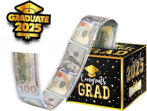 Graduation Surprise Money Box for Cash Gift, 2025 Congrats Grad Money Gift Box with Card and Cash Holder Boys Girls High School College DIY Fun Cash Box, Includes 50Pcs Transparent Bags（Black Gold in Saudi Arabia
