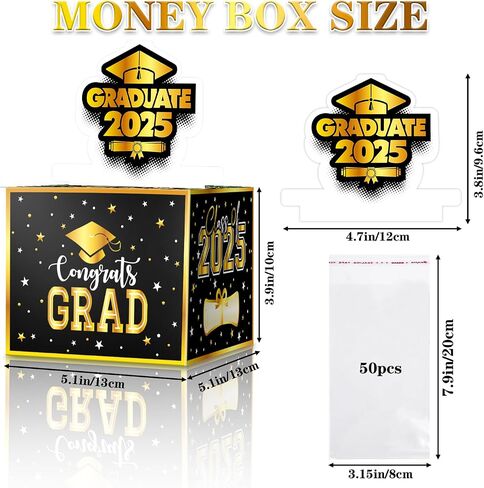Graduation Surprise Money Box for Cash Gift, 2025 Congrats Grad Money Gift Box with Card and Cash Holder Boys Girls High School College DIY Fun Cash Box, Includes 50Pcs Transparent Bags（Black Gold in Saudi Arabia