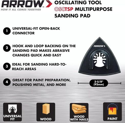 Arrow OSCTSV-1 Multipurpose Sanding Kit for Oscillating Tools for Wood and Metal, Universal, Fits Most Multitools, 10-Piece Set Includes Sanding Pad and 60-Grit, 120-Grit, and 240-Grit Sandpaper in Kuwait