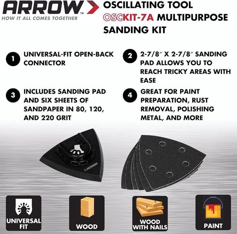 Arrow OSCTSV-1 Multipurpose Sanding Kit for Oscillating Tools for Wood and Metal, Universal, Fits Most Multitools, 10-Piece Set Includes Sanding Pad and 60-Grit, 120-Grit, and 240-Grit Sandpaper in Kuwait