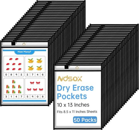 Ndsox 15 Packs Oversized Dry Erase Pockets Reusable Plastic Sleeves Clear Job Ticket Holders Heavy Duty Transparent Hanging Sheet Protectors for Teacher Classroom School Office Work Warehouse, Black in Kuwait