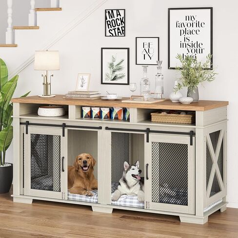 Dog Crate Furniture for 2 Dogs, 71" Dog Kennel Furniture with 3 Storage Compartments & Removable Divider, Indoor Dog Cage Tv Stand,Furniture Style Double Dog Crates with Sliding Barn Door in Saudi Arabia