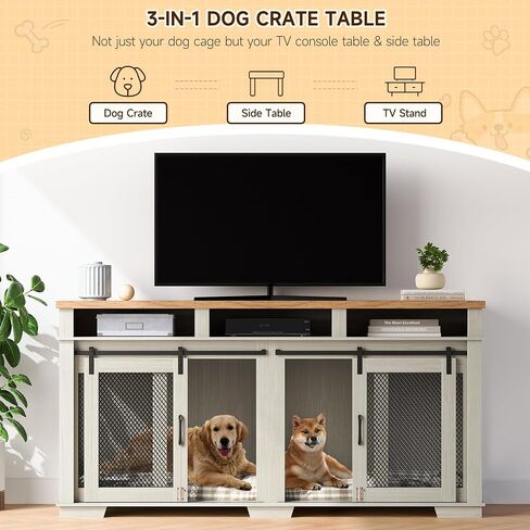 Dog Crate Furniture for 2 Dogs, 71" Dog Kennel Furniture with 3 Storage Compartments & Removable Divider, Indoor Dog Cage Tv Stand,Furniture Style Double Dog Crates with Sliding Barn Door in Saudi Arabia
