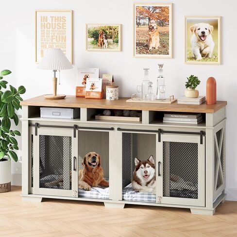 Dog Crate Furniture for 2 Dogs, 71" Dog Kennel Furniture with 3 Storage Compartments & Removable Divider, Indoor Dog Cage Tv Stand,Furniture Style Double Dog Crates with Sliding Barn Door in Saudi Arabia