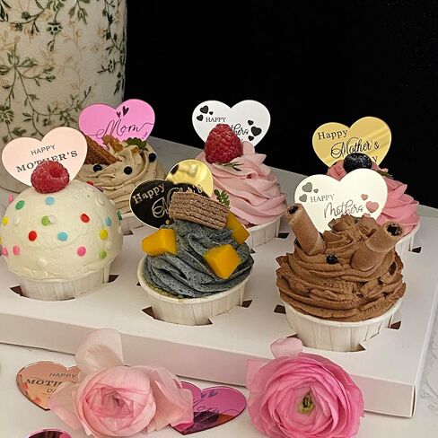 Happy Mother‘s Day Cupcake Toppers 40Pcs Acrylic Mothers Day Cake Topper Acrylic Cake Disc Heart Shape Mirror Mother‘s Day Cake Picks For Mothers Day Decorations in Kuwait