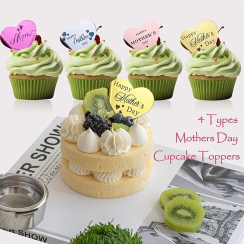 Happy Mother‘s Day Cupcake Toppers 40Pcs Acrylic Mothers Day Cake Topper Acrylic Cake Disc Heart Shape Mirror Mother‘s Day Cake Picks For Mothers Day Decorations in Kuwait