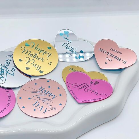 Happy Mother‘s Day Cupcake Toppers 40Pcs Acrylic Mothers Day Cake Topper Acrylic Cake Disc Heart Shape Mirror Mother‘s Day Cake Picks For Mothers Day Decorations in Kuwait