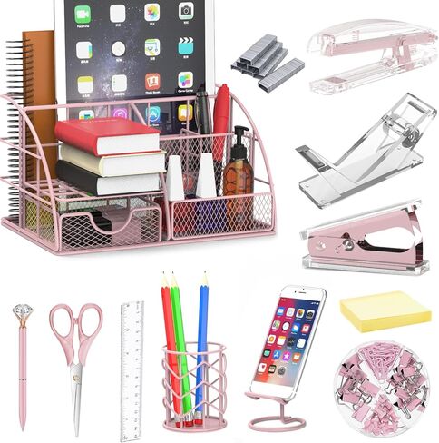 منظمو مكتب مكتب المكاتب ، وصول الذهب Rose 13pcs لوازم المكاتب والملحقات المنظمة ، والسكريك الدبابيس ، ومزيل العناصر الأساسية ، ومقصات ، ومقص ، وحامل الهاتف ، والقلم ، وحامل القلم ، وموزعة الشريط in Kuwait