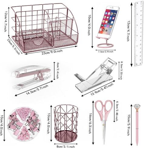 منظمو مكتب مكتب المكاتب ، وصول الذهب Rose 13pcs لوازم المكاتب والملحقات المنظمة ، والسكريك الدبابيس ، ومزيل العناصر الأساسية ، ومقصات ، ومقص ، وحامل الهاتف ، والقلم ، وحامل القلم ، وموزعة الشريط in Kuwait