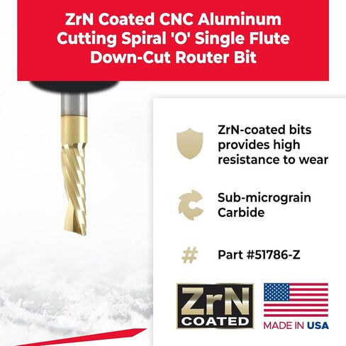 أداة Amana Tool 51778-Z SC دوامة O فلوت مفرد، قطع ألومنيوم 1/8 عمق × 3/4 قناة × 1/4 SHK × 2-1/2 بوصة طويلة لقمة توجيه مطلية بـ ZrN مع لمسة نهائية مرآة in Kuwait