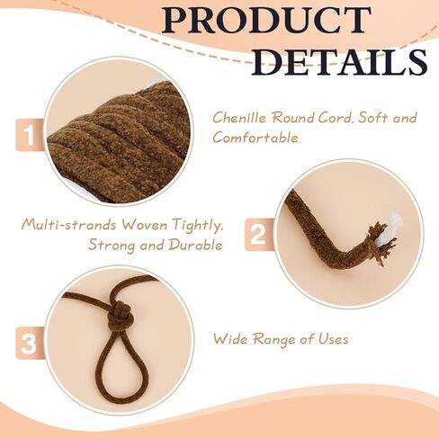 FINGERINSPIRE 10 Yards Chenille Choker Cord Round Tubing Cord 6mm with Spool Soft Cotton Round Choker Cord Coconut Brown Drawstring Replacement Rope Round Drawstring Cord for Clothing Decoration in Kuwait