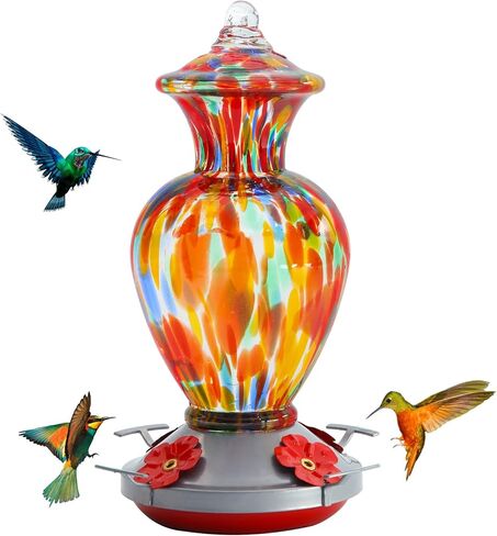 Hummingbird Feeder, Hand Blown Glass Hummingbird Feeders for Outdoors, Never Fade, 28 Fluid Ounces, 4 Feeding Metal Stations, Garden Backyard Decorative, Present for mom(Rainbow) in Kuwait