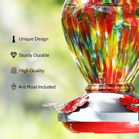 Hummingbird Feeder, Hand Blown Glass Hummingbird Feeders for Outdoors, Never Fade, 28 Fluid Ounces, 4 Feeding Metal Stations, Garden Backyard Decorative, Present for mom(Rainbow) in Kuwait