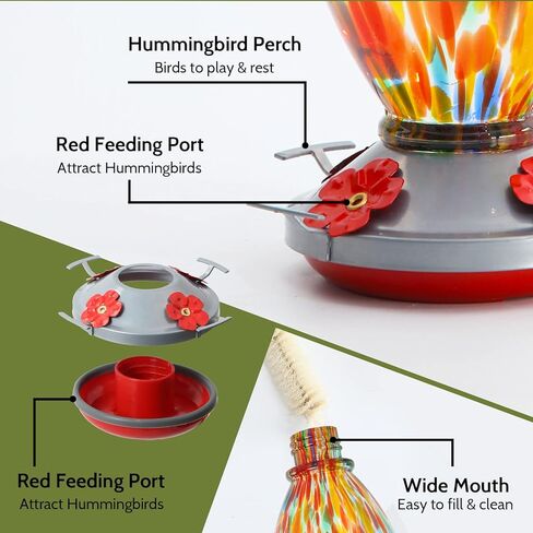 Hummingbird Feeder, Hand Blown Glass Hummingbird Feeders for Outdoors, Never Fade, 28 Fluid Ounces, 4 Feeding Metal Stations, Garden Backyard Decorative, Present for mom(Rainbow) in Kuwait