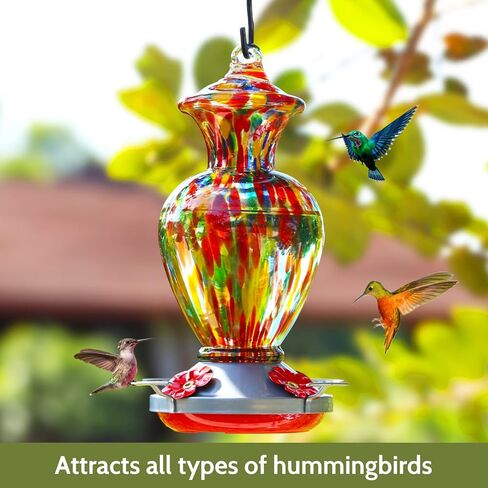 Hummingbird Feeder, Hand Blown Glass Hummingbird Feeders for Outdoors, Never Fade, 28 Fluid Ounces, 4 Feeding Metal Stations, Garden Backyard Decorative, Present for mom(Rainbow) in Kuwait