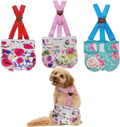 3 Pack Washable Female Dog Diaper with Suspender,Reusable Fixed Doggie Diapers Super Absorbent Leakproof for Small Medium Large Dog in Heat Cycle-M in Kuwait