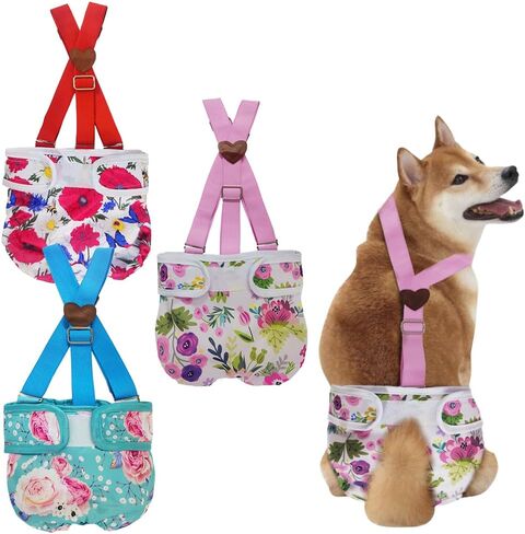 3 Pack Washable Female Dog Diaper with Suspender,Reusable Fixed Doggie Diapers Super Absorbent Leakproof for Small Medium Large Dog in Heat Cycle-M in Kuwait