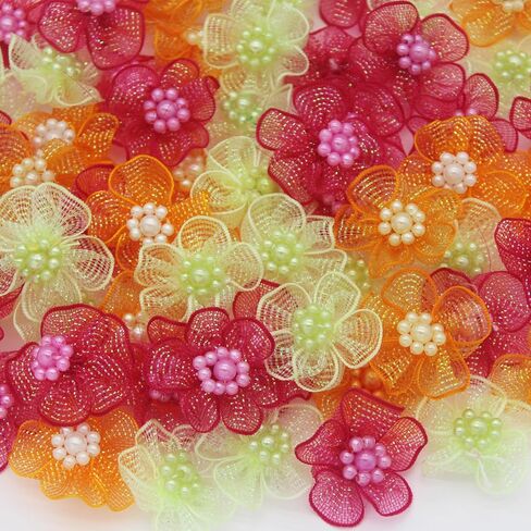 60pcs Craft Organza Flowers with Beads Organza Ribbon Dasiy Flower Appliques for Sewing DIY, Arts Projects, Hair Bows (Green) in Saudi Arabia