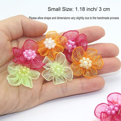 60pcs Craft Organza Flowers with Beads Organza Ribbon Dasiy Flower Appliques for Sewing DIY, Arts Projects, Hair Bows (Green) in Saudi Arabia