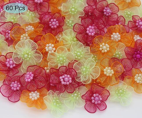 60pcs Craft Organza Flowers with Beads Organza Ribbon Dasiy Flower Appliques for Sewing DIY, Arts Projects, Hair Bows (Green) in Saudi Arabia