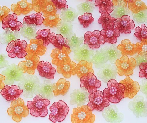 60pcs Craft Organza Flowers with Beads Organza Ribbon Dasiy Flower Appliques for Sewing DIY, Arts Projects, Hair Bows (Green) in Saudi Arabia