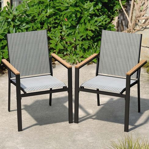 YITAHOME Set of 2 Stackable Patio Chairs, Outdoor All-Weather Conversation Breathable Textilene Mix Olefin Dining Chair, Plastic- Wood Armrest, Black and White Checkered in Saudi Arabia
