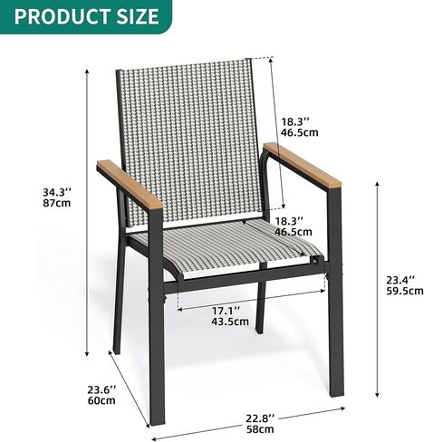 YITAHOME Set of 2 Stackable Patio Chairs, Outdoor All-Weather Conversation Breathable Textilene Mix Olefin Dining Chair, Plastic- Wood Armrest, Black and White Checkered in Saudi Arabia