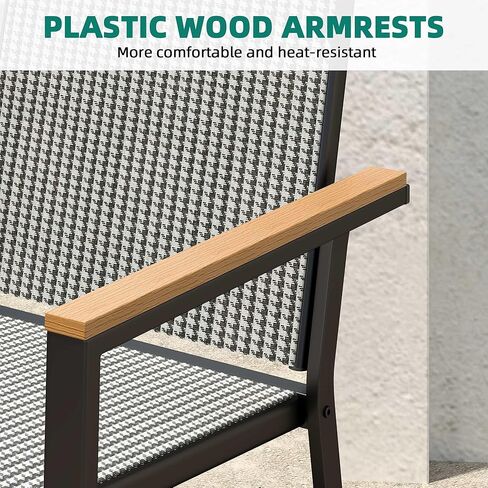 YITAHOME Set of 2 Stackable Patio Chairs, Outdoor All-Weather Conversation Breathable Textilene Mix Olefin Dining Chair, Plastic- Wood Armrest, Black and White Checkered in Saudi Arabia