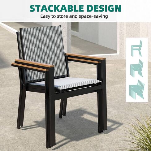 YITAHOME Set of 2 Stackable Patio Chairs, Outdoor All-Weather Conversation Breathable Textilene Mix Olefin Dining Chair, Plastic- Wood Armrest, Black and White Checkered in Saudi Arabia