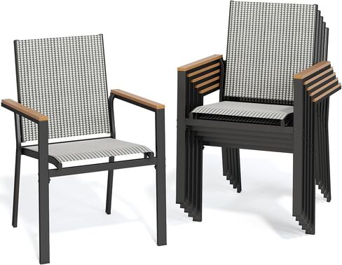 YITAHOME Set of 2 Stackable Patio Chairs, Outdoor All-Weather Conversation Breathable Textilene Mix Olefin Dining Chair, Plastic- Wood Armrest, Black and White Checkered in Saudi Arabia