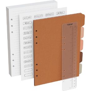 A5 Lined Paper 6-Hole Punched Accessory Kit. 50 Sheets, Ruler, Dividers, Tab Stickers, 100 GSM, A5 Binder Refill, 5.83 x 8.27 Inch