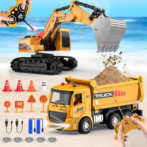 Yayyay 2 Pack Construction Tarucks - حفارة التحكم عن بعد + Dump Truck مع الأضواء والأصوات ، لعبة RC Construction Meoticles Toy Toy للأولاد الذين تتراوح أعمارهم بين 6 7 8+