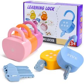 ألعاب السبب والتأثير للأطفال الصغار 3+ ، مجموعة Montessori Lock & Key مع 5 أقفال على شكل Apple ، مفاتيح و 10 بطاقات-تعلم الأرقام والألوان والمهارات الحركية لعبة STEM للمنزل والفصول الدراسية